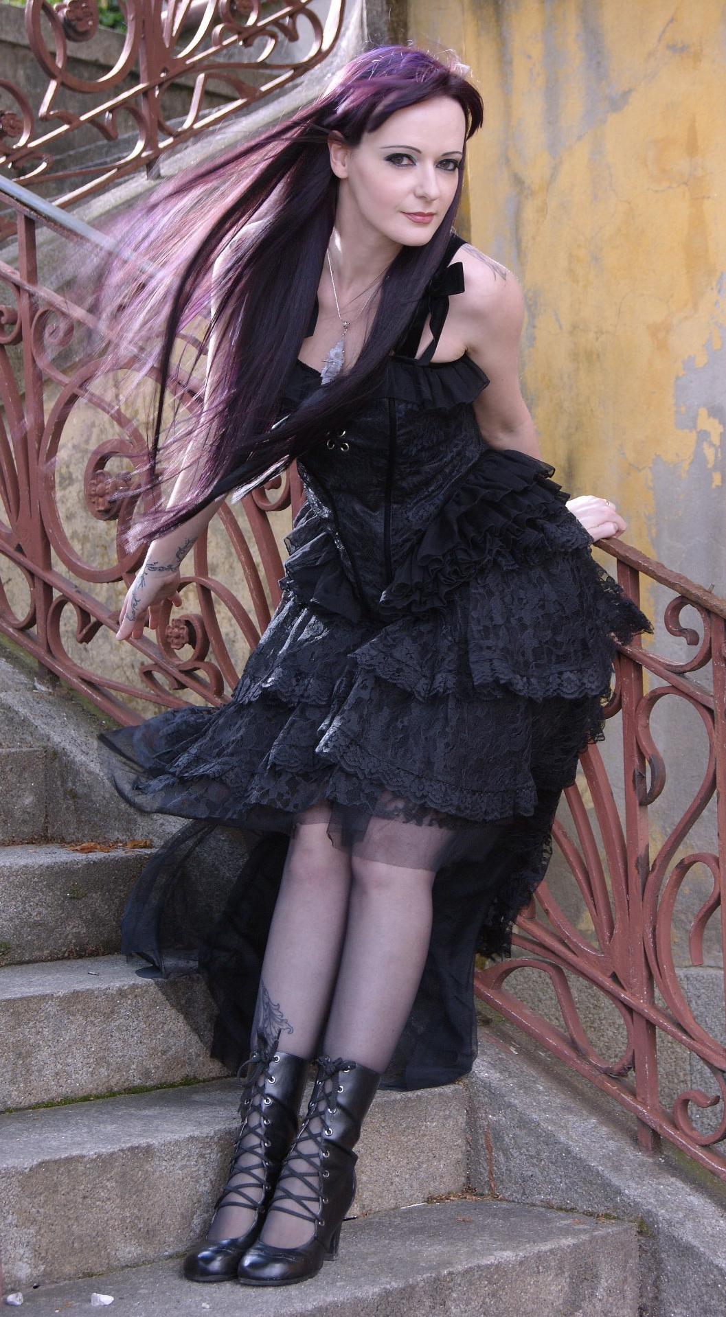 Purple Haired Gothic Girl wearing Black Sheer Pantyhose and Black Short Tulle Dress